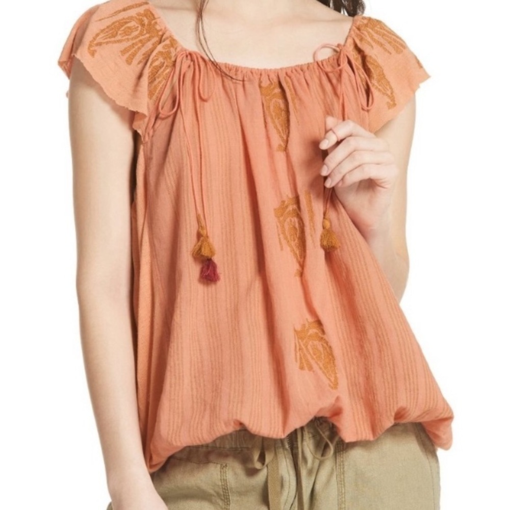 Free People Pukka Embroidered Peasant Top in Orange Tassel Detail